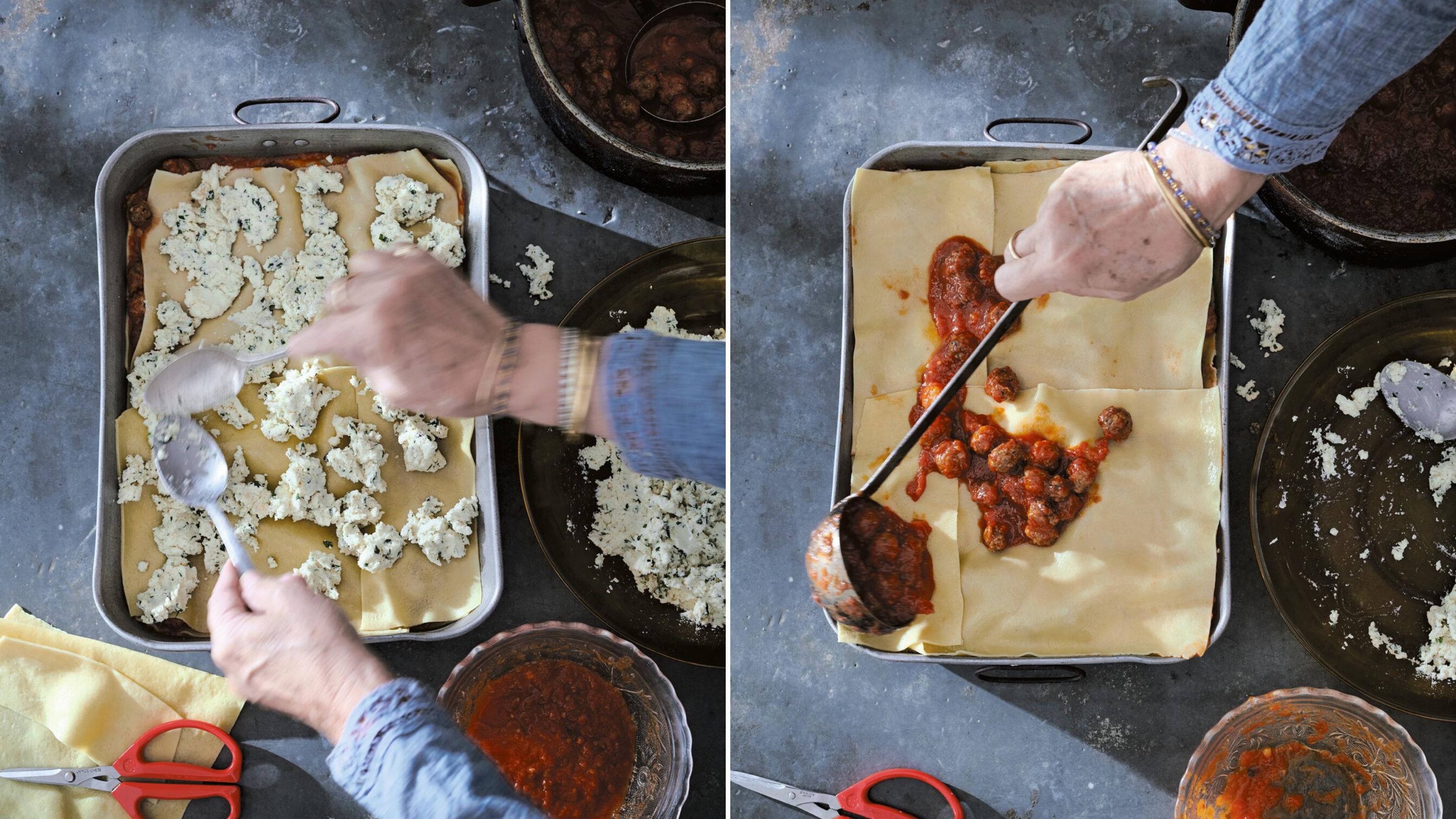 Two images showing the process of layering a lasagne