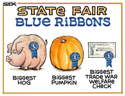 Political Cartoon U.S. Iowa State Fair Blue Ribbons Hogs Pumpkins Trade War Welfare Checks