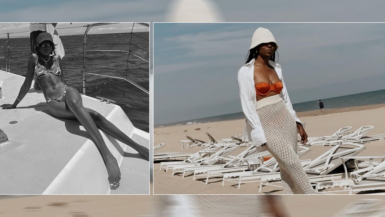 Amy Julliette Lefévre wearing a patterned underwire bikini on a boat and Cortne Bonilla wearing an orange underwire bikini on the beach.