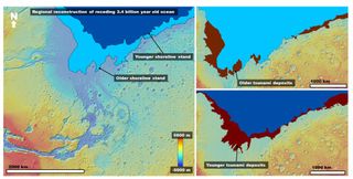 Left: Color-coded digital elevation model of the study area showing the two proposed shoreline levels of an early Mars ocean that existed about 3.4 billion years ago. Right: Areas covered by the documented tsunami events extending from these shorelines.