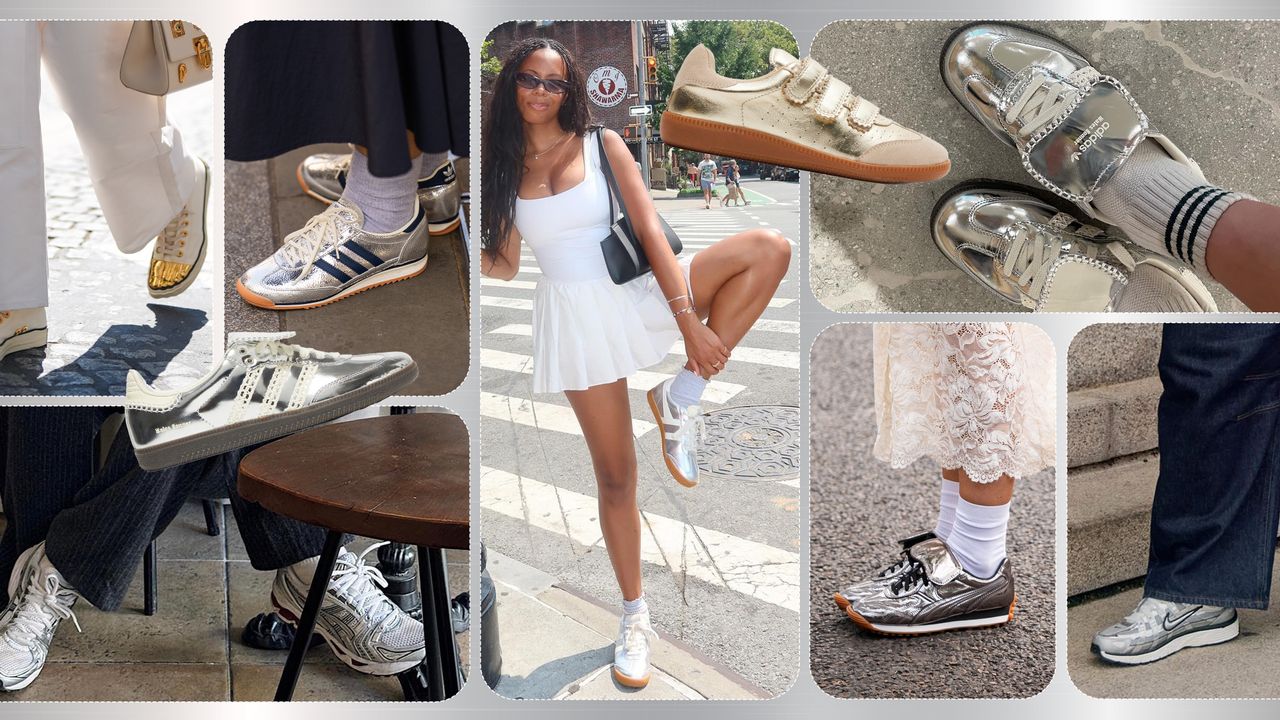 Collage of different close-up shots of people wearing metallic sneakers.