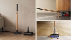 The Dyson PencilWash Vacuum Cleaner being used in a home, showing the mopping function in three images