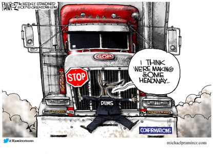 Political Cartoon U.S. GOP trucks Democrats Confirmation hearing resistance