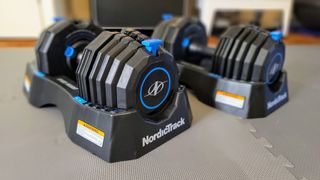 NordicTrack’s Select-A-Weight 55 Lb. Dumbbell Set on gym floor