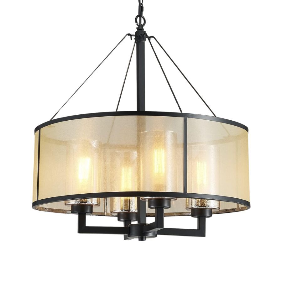 A lit metal and glass chandelier hanging from the ceiling