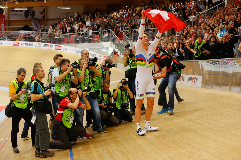 Stefan Kung (Switzerland) celebrates his individual pursuit win.