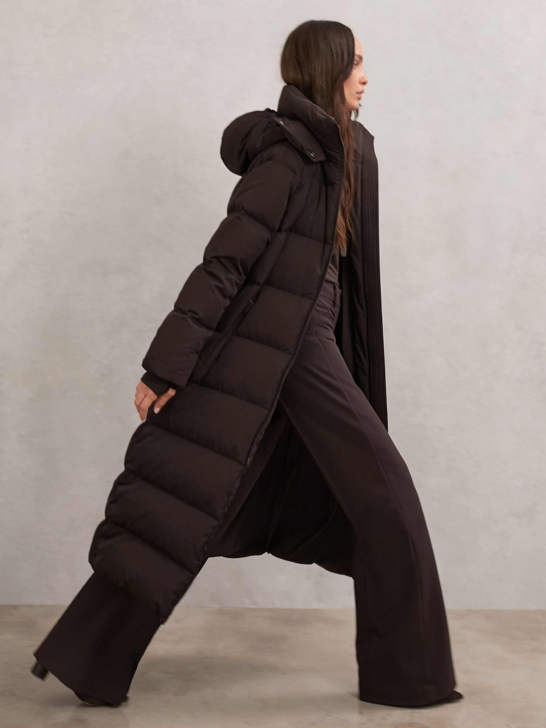 Belted Longline Hooded Puffer Coat in Chocolate Brown