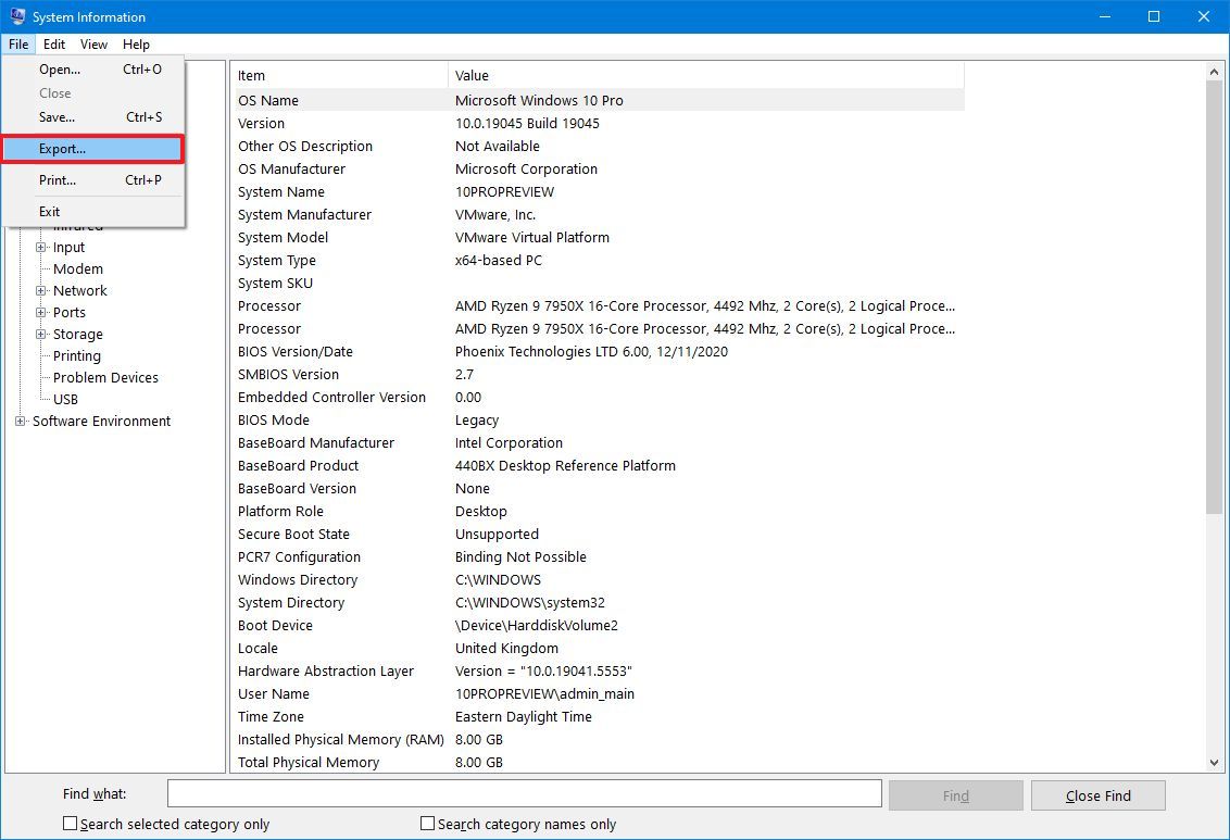 System Information export option