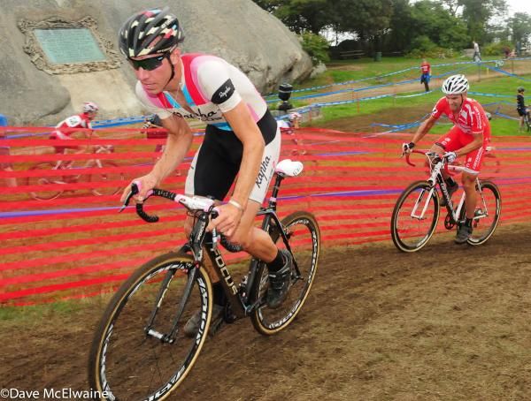 Jeremy Powers (Rapha-Focus) leading Heule through the uphill S-turns