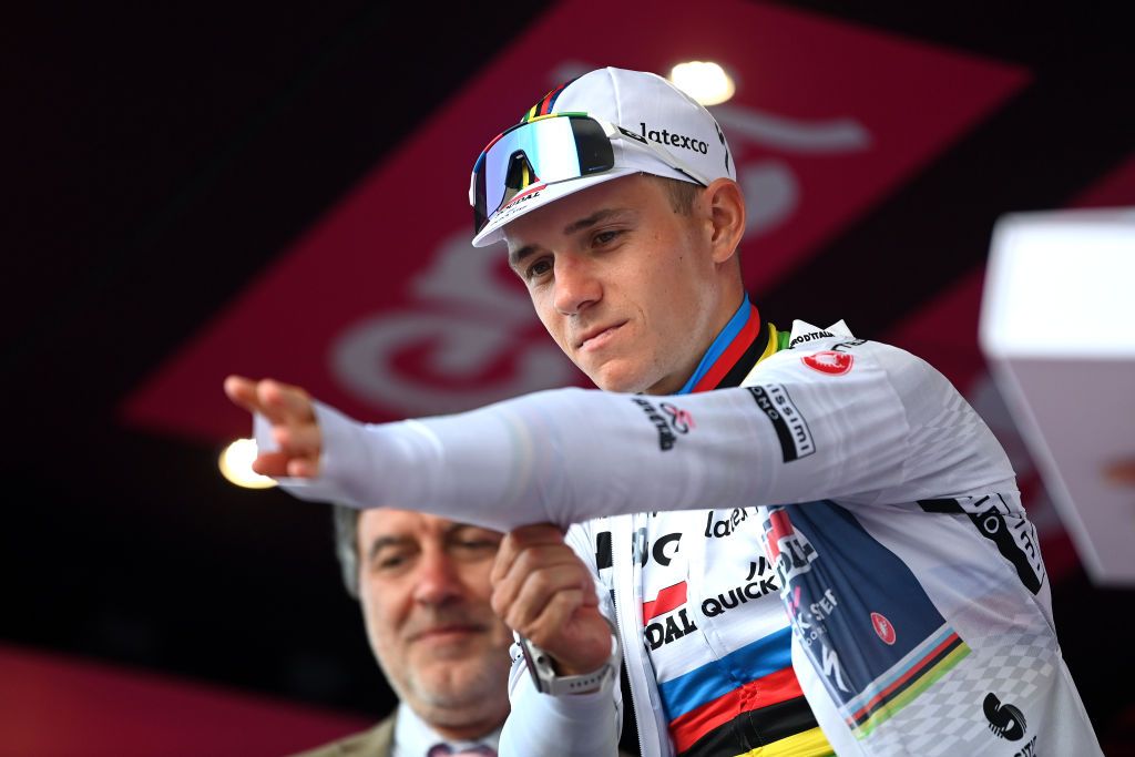 SAN SALVO ITALY MAY 07 Remco Evenepoel of Belgium and Team Soudal Quick Step celebrates at podium as White best young jersey winner during the 106th Giro dItalia 2023 Stage 2 a 202km stage from Teramo to San Salvo UCIWT on May 07 2023 in San Salvo Italy Photo by Tim de WaeleGetty Images