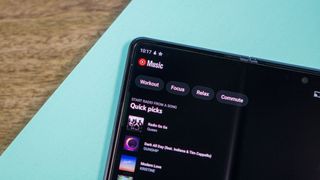 YouTube Music branding up close on a Galaxy Z Fold 3.