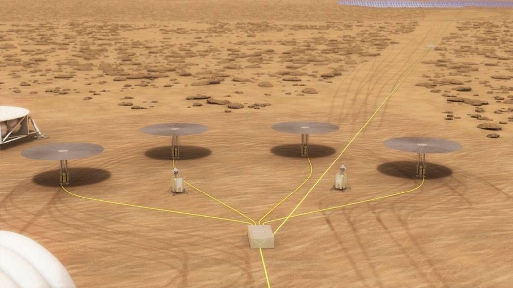 Artist&#039;s illustration of a fission power system on the surface of Mars using four 10-kilowatt units.