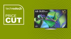 LG C3 OLED TV with blue green waves on screen on green background with price cut sign