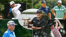 A montage of LIV Golfers with Patrick Reed in the center holding the Hong Kong Open trophy