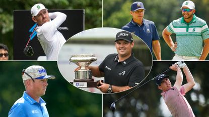 A montage of LIV Golfers with Patrick Reed in the center holding the Hong Kong Open trophy