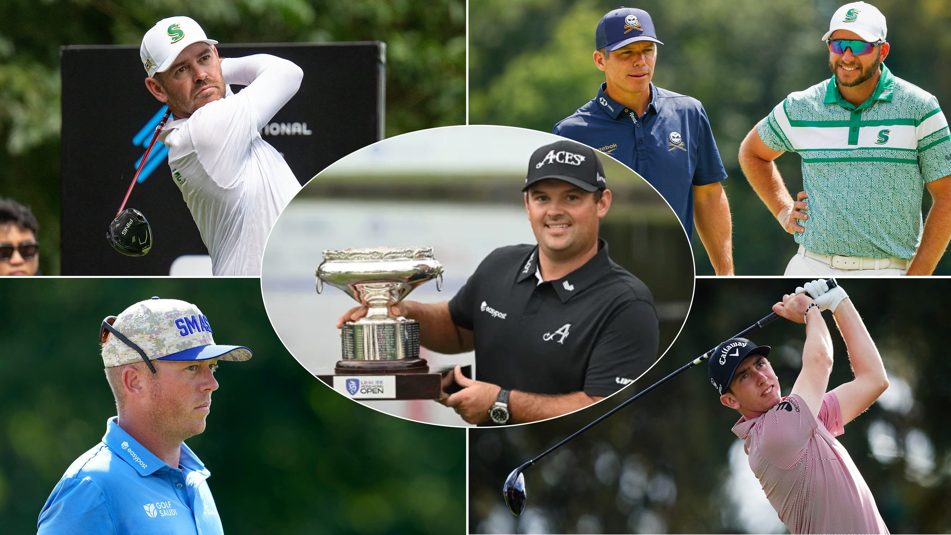 A montage of LIV Golfers with Patrick Reed in the center holding the Hong Kong Open trophy