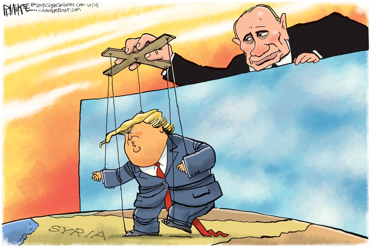 Political Cartoon U.S. Trump Putin Puppet Syria