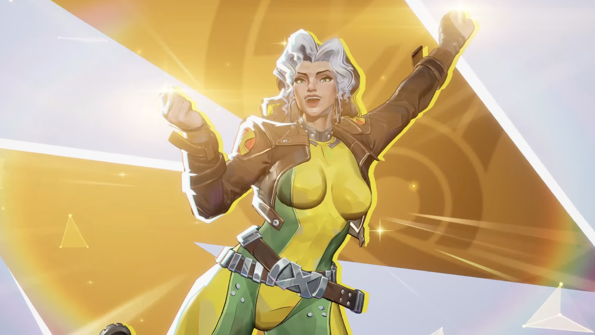 Rogue strikes a victory pose with a fist in the air