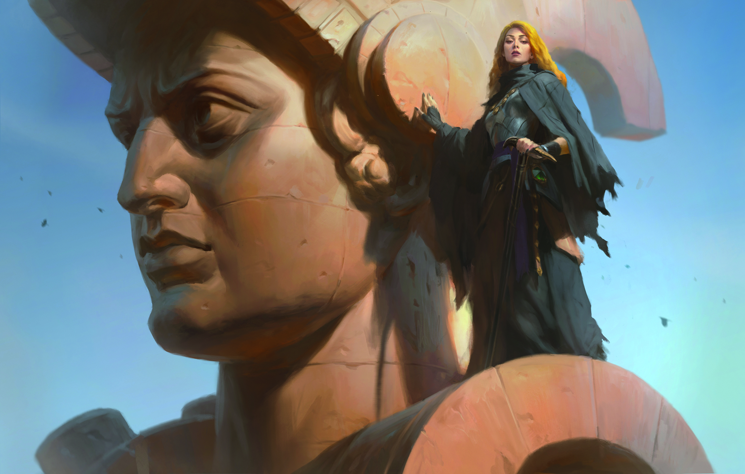 Digital art showing a female character standing on the shoulders of a large statue