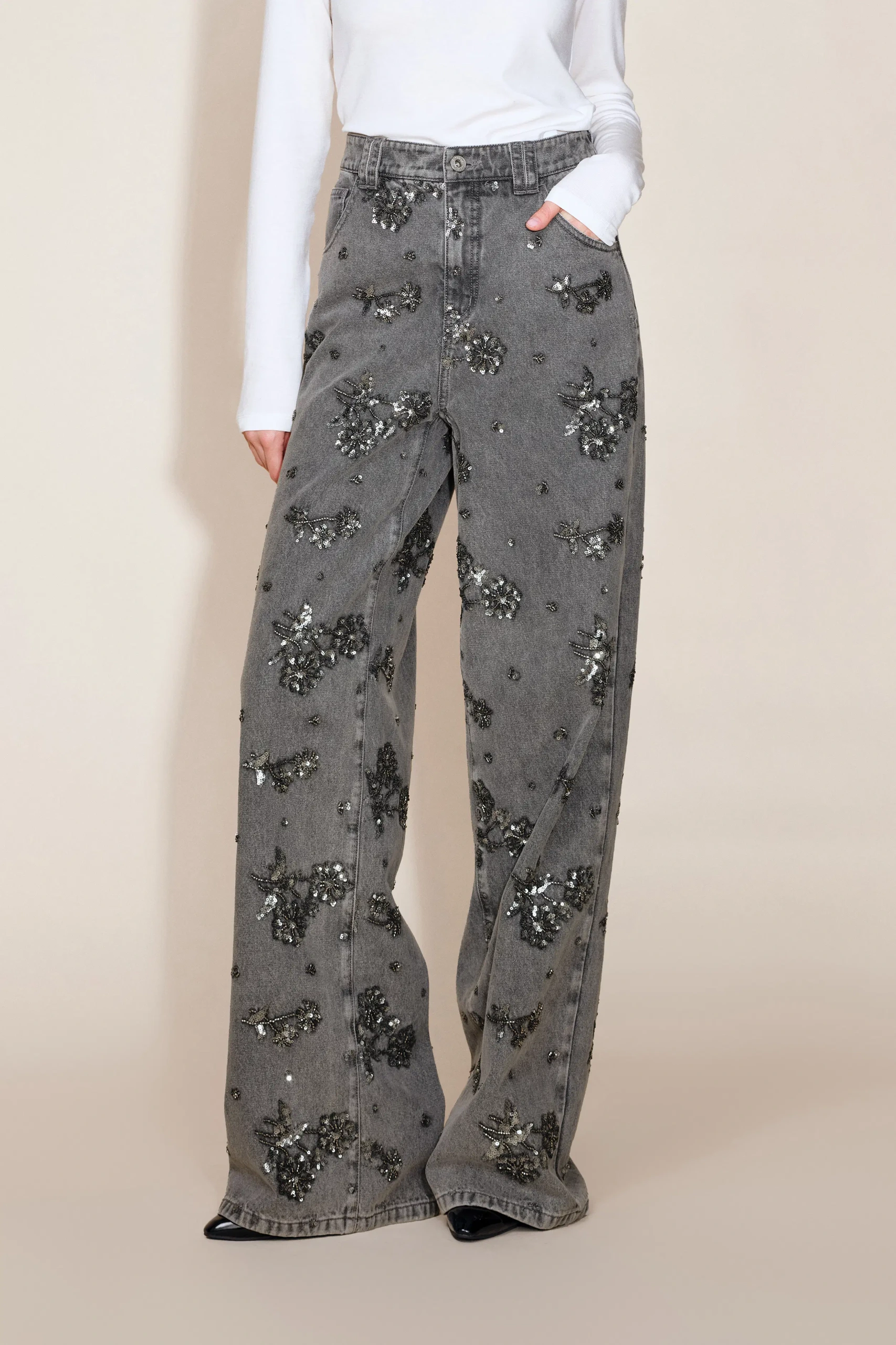 Fabrique, Star Hand Beaded Straight Leg Jeans in Cotton Denim