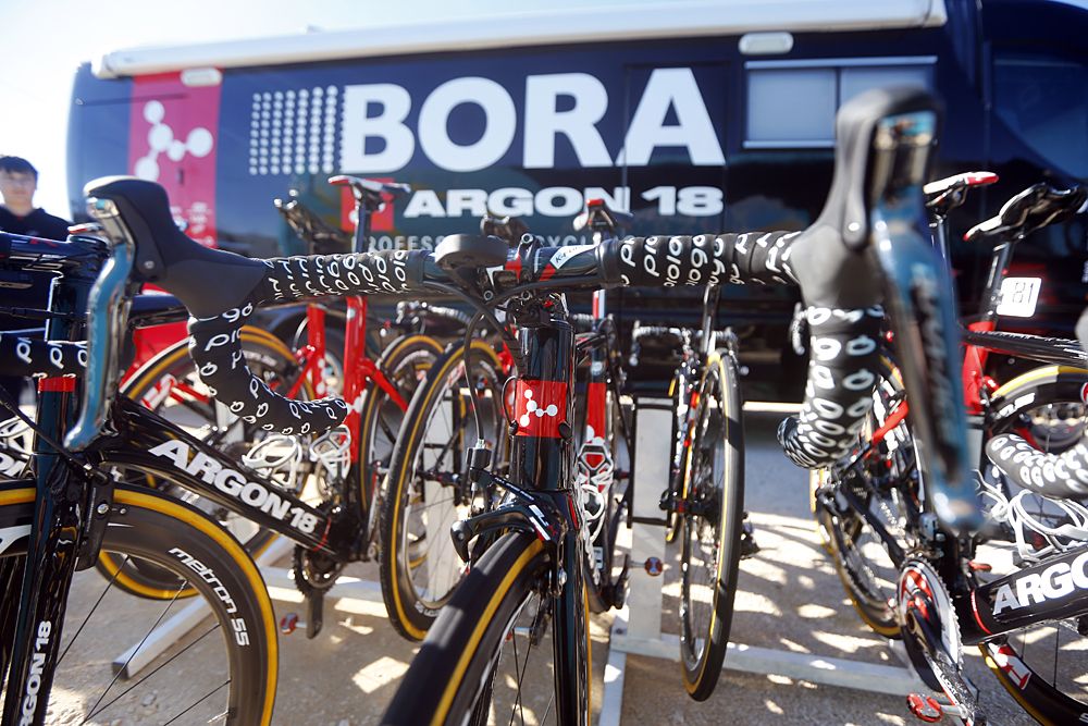 Bora-Argon 18 bikes all lined up at the start of stage 1