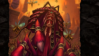 Concept art for Ahn'Qiraj's Prophet Skeram boss, an intimidating, robed insectoid surrounded by a swarm of foul bugs.