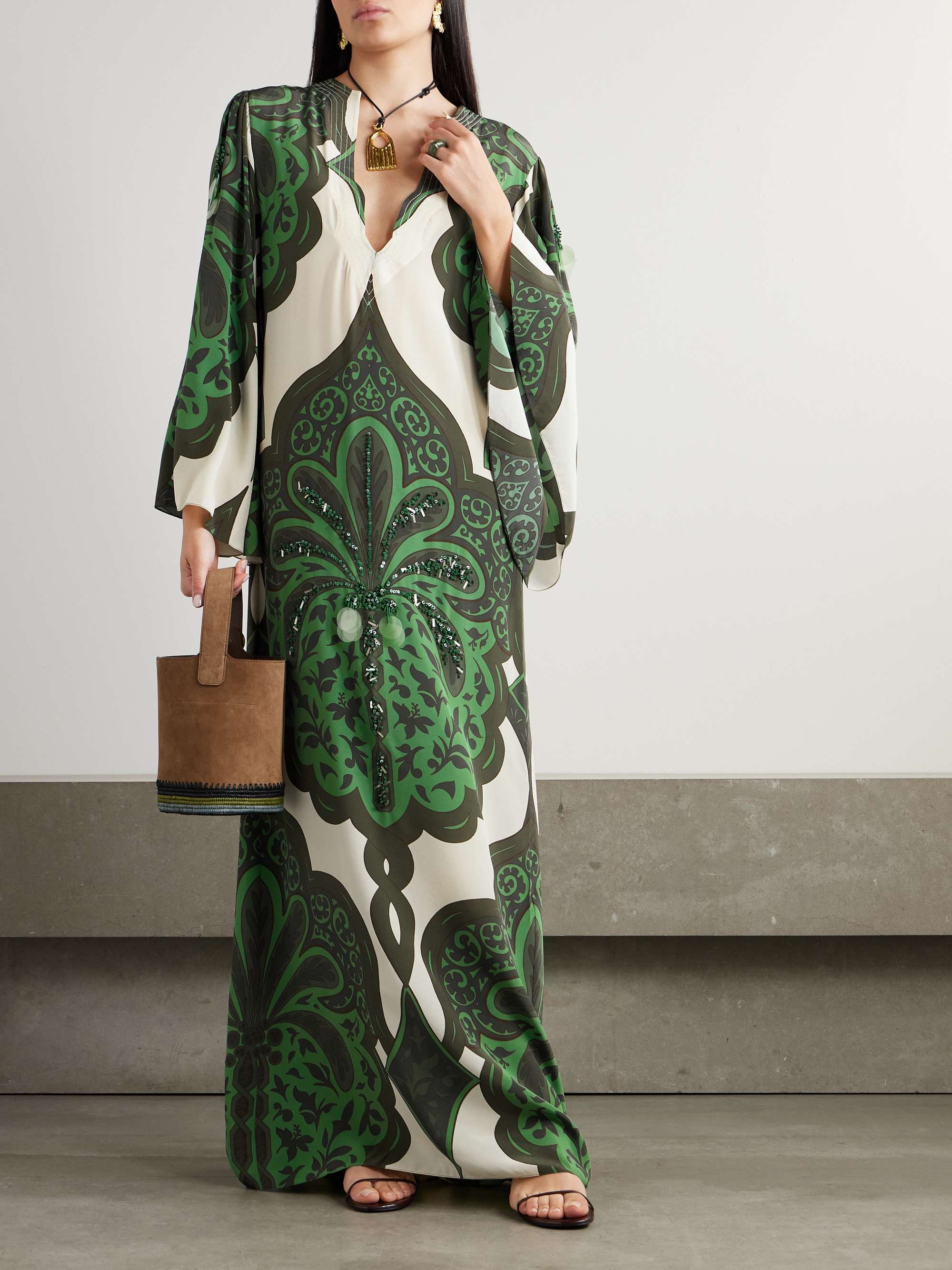 Landscapes Embellished Printed Silk Crepe De Chine Maxi Dress