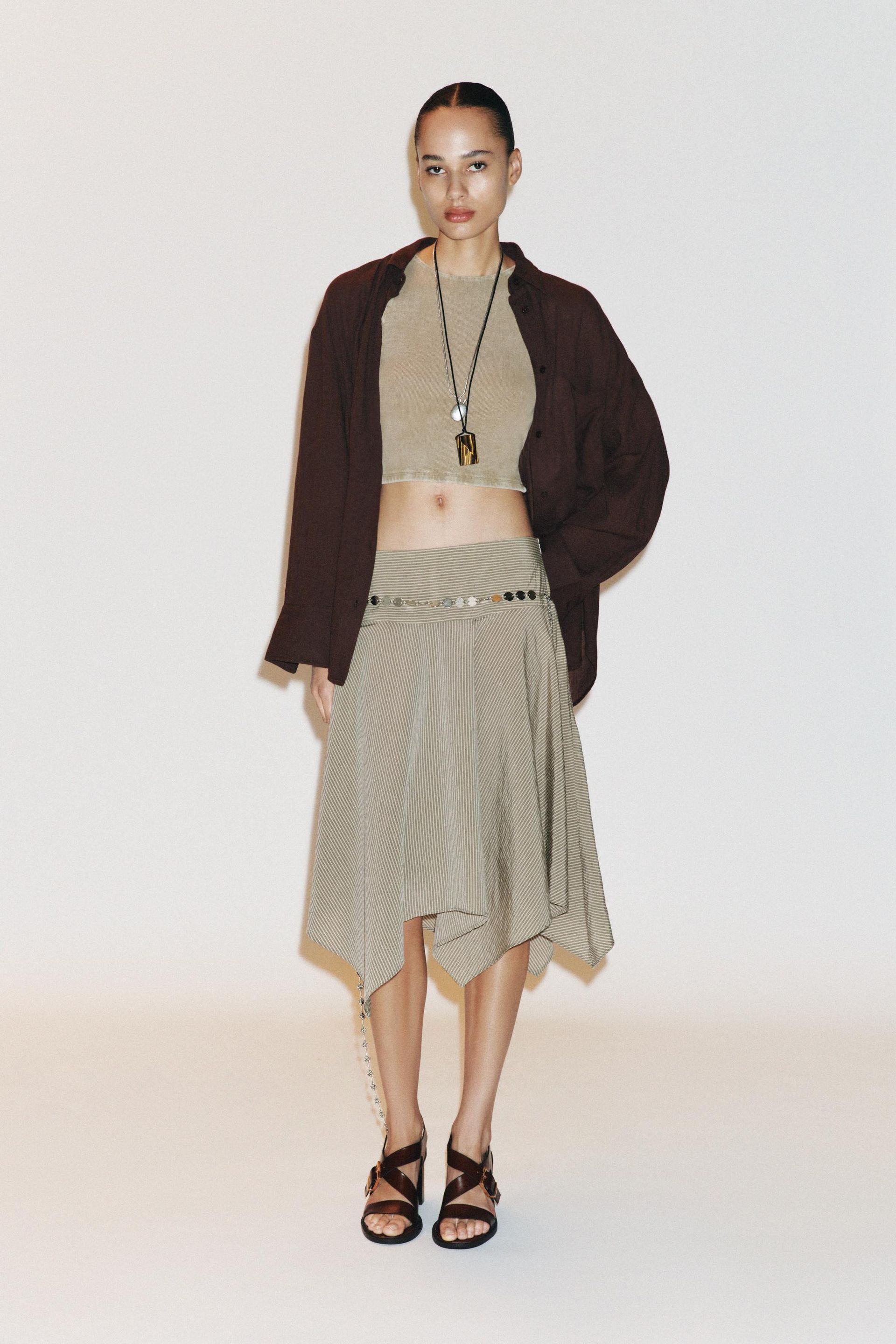 Striped Asymmetric Belted Midi Skirt