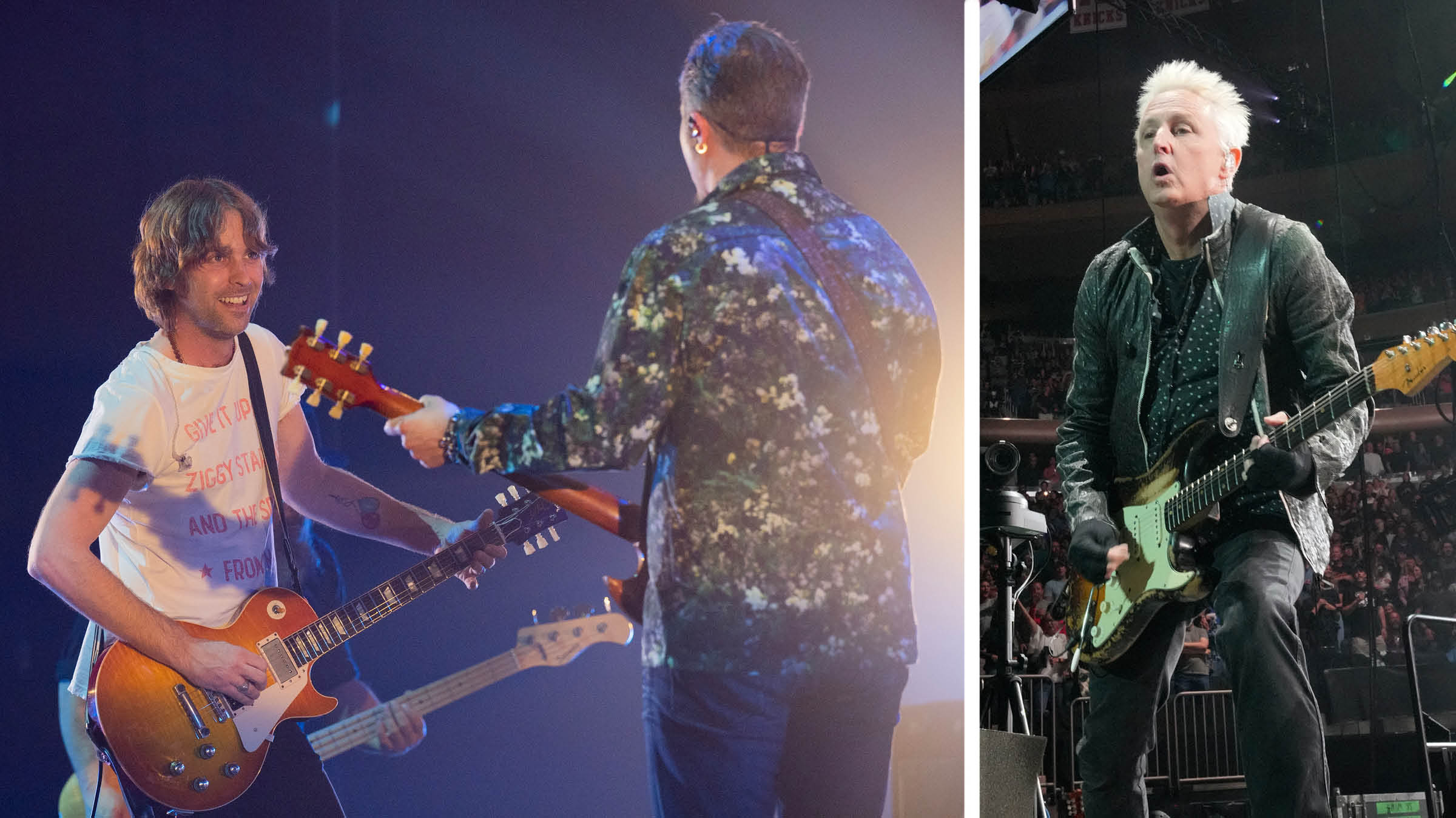 On the left, Sadler Vaden (in white T-shirt) jams with Jason Isbell. On the right, Mike McCready plays his Strat onstage with Pearl Jam.