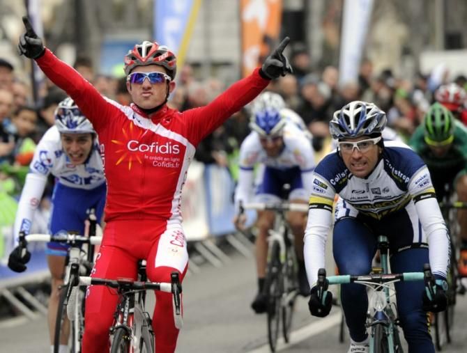 Samuel Dumoulin (Cofidis) celebrates as he wins La Marseillaise Grand Prix