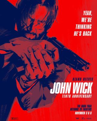 An artistic rendering of a beat up Keanu Reeves aiming a gun on the John Wick 10th Anniversary poster.