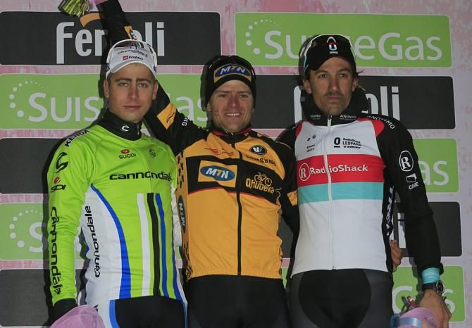 Milan - San Remo podium: Peter Sagan (Cannondale), Gerald Ciolek (MTN - Qhubeka) and Fabian Cancellara (RadioShack - Nissan)