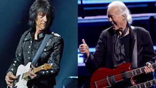 LEFT: Jeff Beck performs on stage at Royal Albert Hall on May 14, 2014 in London, United Kingdom. RIGHT: Jimmy Page performs onstage during the 38th Annual Rock & Roll Hall Of Fame Induction Ceremony at Barclays Center on November 03, 2023 in New York City.