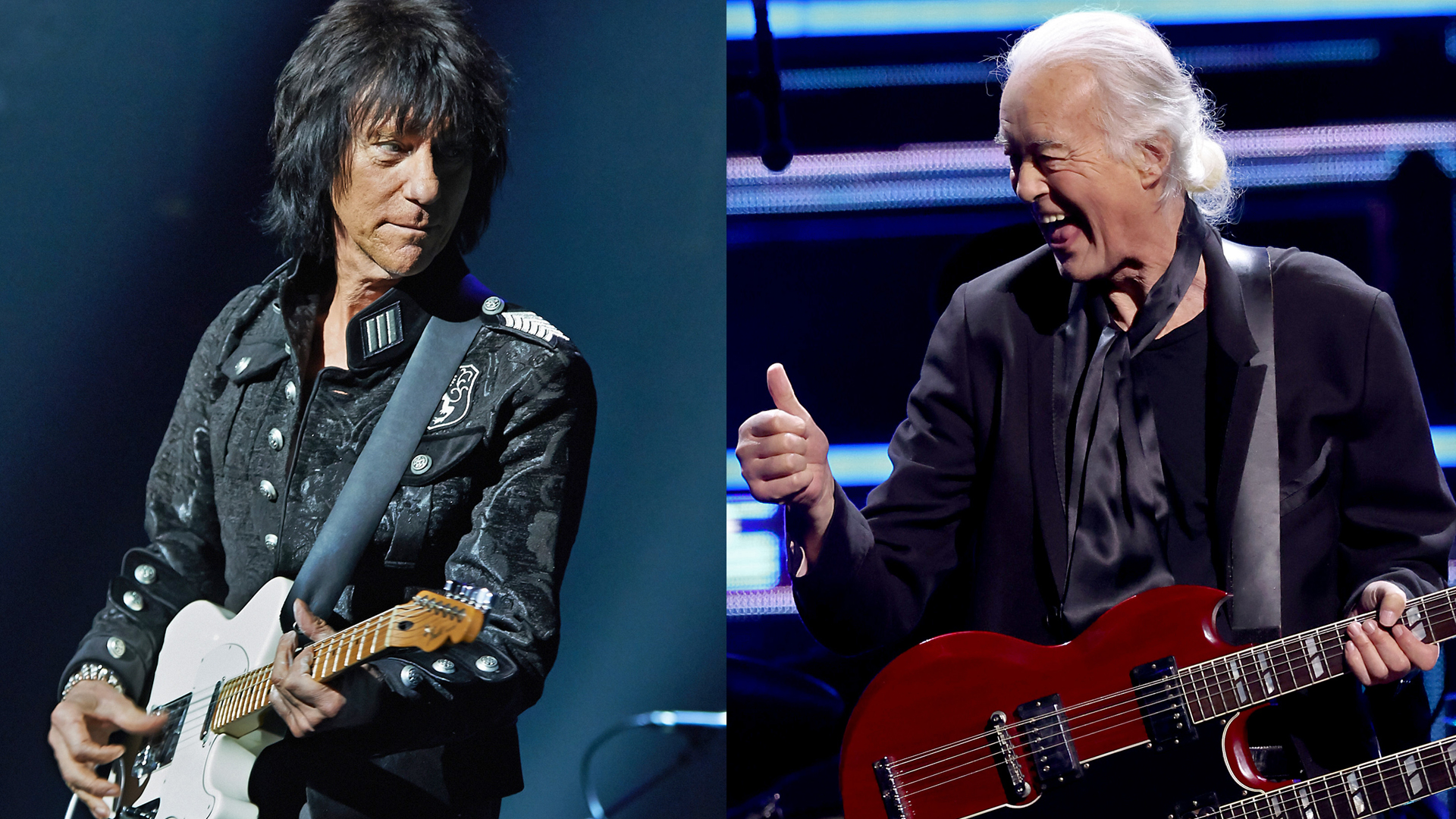 LEFT: Jeff Beck performs on stage at Royal Albert Hall on May 14, 2014 in London, United Kingdom. RIGHT: Jimmy Page performs onstage during the 38th Annual Rock &amp; Roll Hall Of Fame Induction Ceremony at Barclays Center on November 03, 2023 in New York City. 