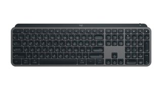 The Logitech MX Keys S keyboard seen from the front, in a black and gray colur scheme.