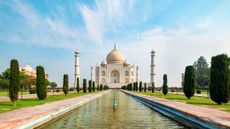 Taj Mahal on the south bank of the Yamuna river in Agra, Uttar Pradesh, India