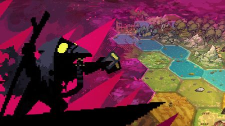 A figure in a gas mask looms over a hex-based world map.