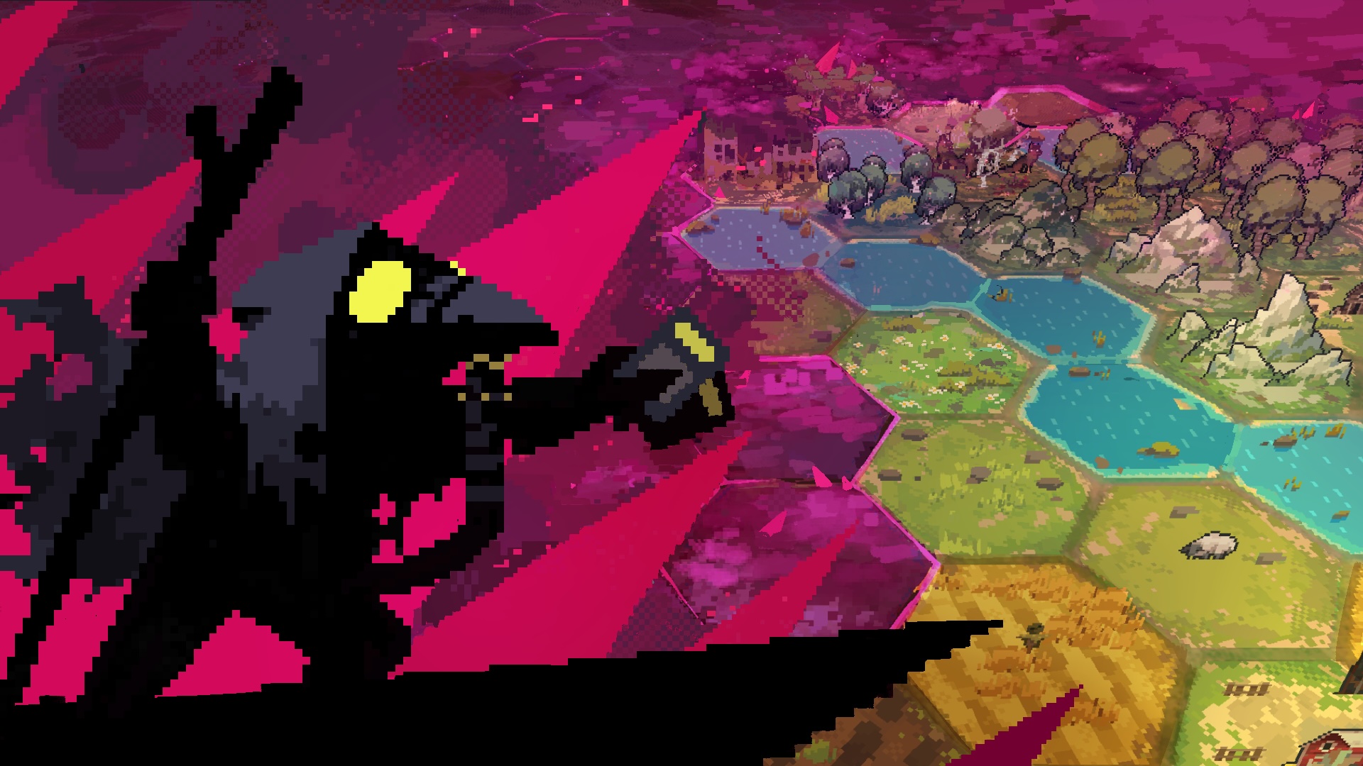 A figure in a gas mask looms over a hex-based world map.