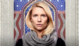 Homeland Claire Danes wears a scarf in front of a tiled archway