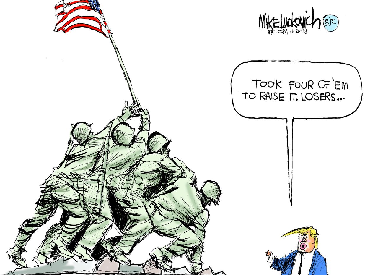 Political cartoon U.S. Trump losers soldiers raising flag Iwo Jima