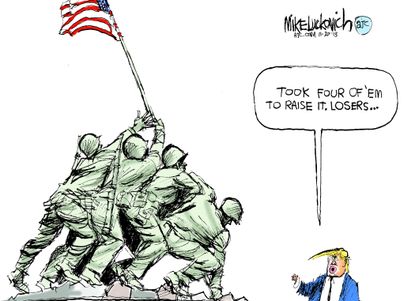 Political cartoon U.S. Trump losers soldiers raising flag Iwo Jima