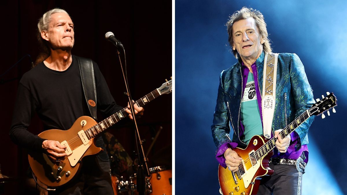 Left-Guitarist Harvey &quot;The Snake&quot; Mandel is shown performing on stage during a live concert appearance with Canned Heat on July 1, 2018; Right-Ronnie Wood of The Rolling Stones performs during the final night of the Hackney Diamonds &#039;24 Tour at Thunder Ridge Nature Arena on July 21, 2024 in Ridgedale, Missouri