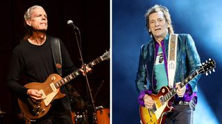 Left-Guitarist Harvey "The Snake" Mandel is shown performing on stage during a live concert appearance with Canned Heat on July 1, 2018; Right-Ronnie Wood of The Rolling Stones performs during the final night of the Hackney Diamonds '24 Tour at Thunder Ridge Nature Arena on July 21, 2024 in Ridgedale, Missouri