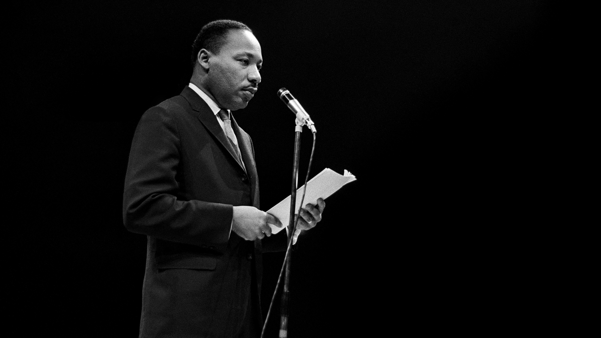 Martin Luther King delivers a speech at the Palais des Sports in Paris, 1966