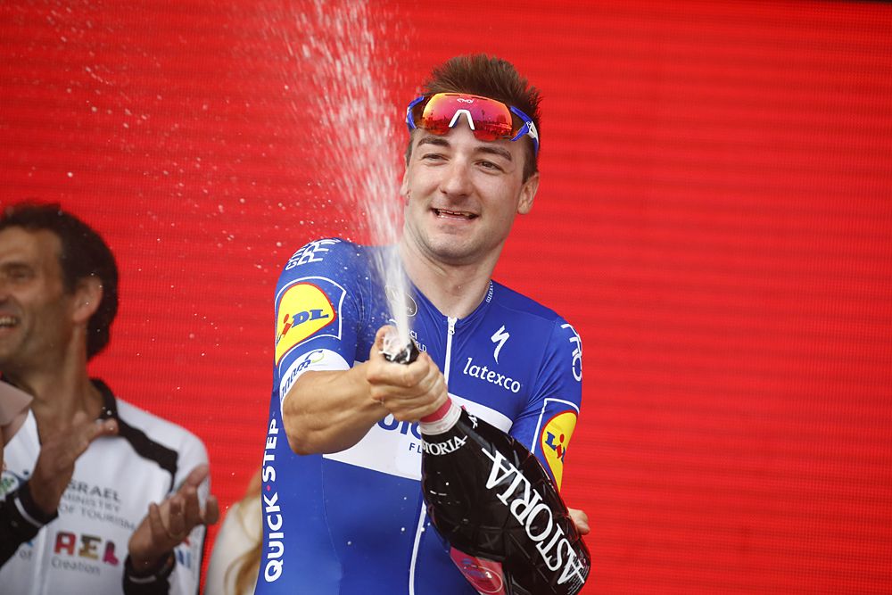 Elia Viviani (Quick-Step Floors) celebrating his stage 2 win at the Giro d'Italia