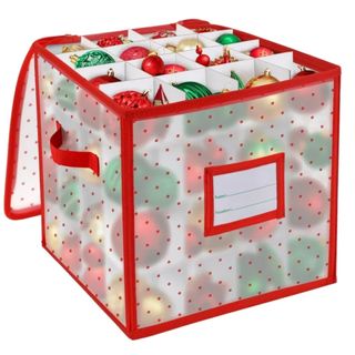 red and clear plastic festive ornament organiser, square