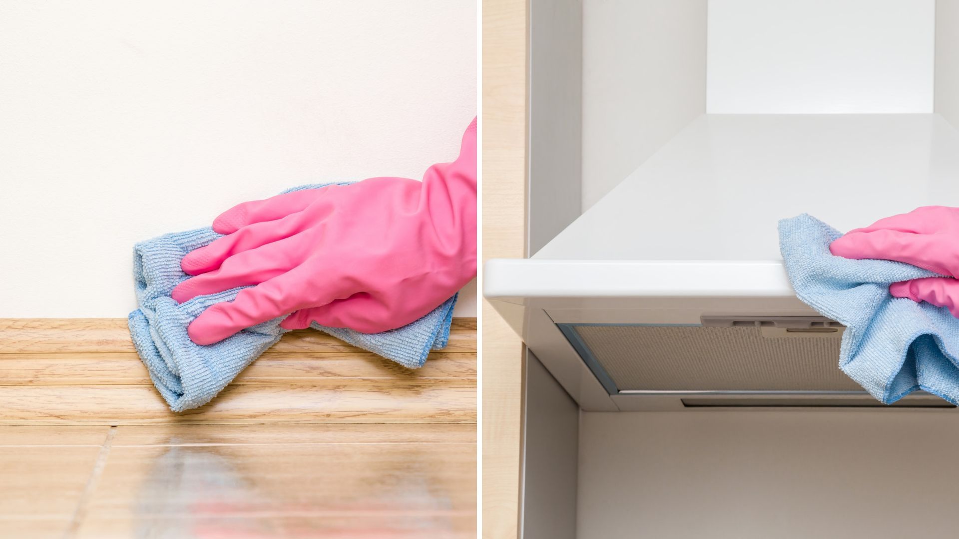 compilation image of cleaning skirting boards and a cooker hood to show hidden areas as key spring cleaning mistakes