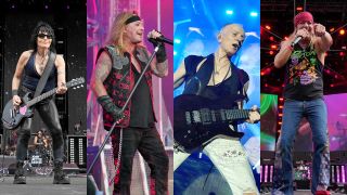 Joan Jett, Vince Neil, Phil Collen and Brett Michaels onstage at the Stadium Tour in Atlanta - composite image