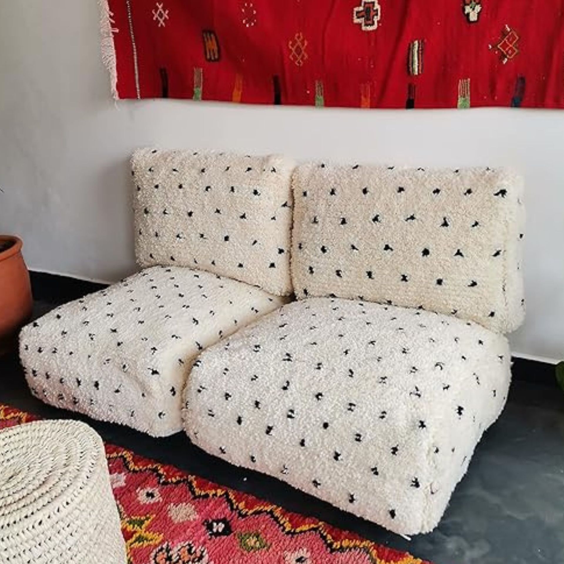 Amazon, FoamRush 8" x 24" x 48" Moroccan White Polka Dot 2 Seater Floor Cushion Couch, Floor Poof
