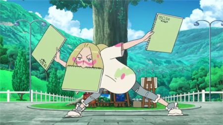 mina holding three sketch books in a rather bizzare way, one is in her mouth